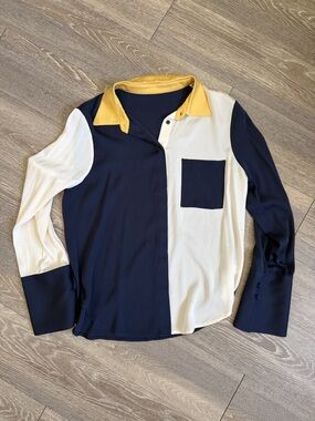 Colorblock Navy, Cream & Yellow Button-Up Top lily silk